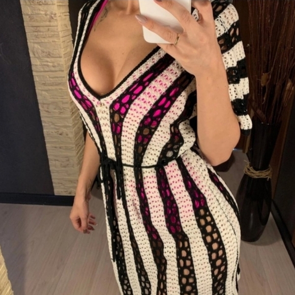 Black and White Crochet Mini Dress Cover Up - Picture 4 of 9